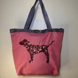 Victoria’s Secret PINK Large Sequin Dog‎ Zip Logo Tote Bag NWOT